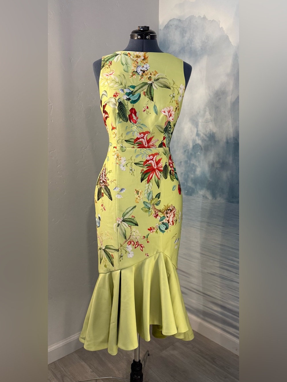 Fehaute Floral Midi Mermaid Dress in Lime Green# 323